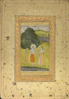 An illuminated album page : Krishna and Radha under a tree on a river bank, Possibly Bikaner,...