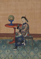 
	
		Three Chinese paintings on rice paper, 19th century, each finely painted with a court...