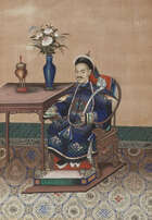 
	
		Three Chinese paintings on rice paper, 19th century, each finely painted with a court...