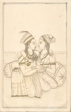 A preparatory sketch : two ladies embracing on a terrace, Probably Murshidabad, Provincial...