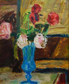 Angelo Iarusso, Italian 1923-1990-
Flowers in a blue vase;
oil on board, 46 x 37 cm (ARR)