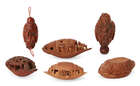 
	
		A Chinese hediao nut and stand, early 20th century, carved as a boat and inscribed to the...
