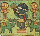 Jamini Roy (Indian 1887-1972),Krishna holding Govardhan flanked by two Gopis, 
tempera on...
