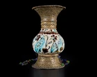 A hanging openwork copper alloy mounted pottery lamp, the body Kutahya, Ottoman Turkey, second...