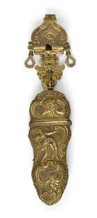 
	
		A George III gilt-brass etui with chatelaine, late 18th century, the scroll clip hung...
