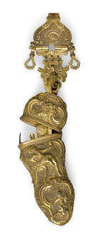 
	
		A George III gilt-brass etui with chatelaine, late 18th century, the scroll clip hung...