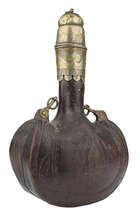 
	
		A rare large inscribed brass-mounted leather flask, North India, 19th century, of typical...