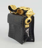 
	
		A Gianfranco Ferre No 19766 crocodile effect black leather box bag, with front flap, gold...