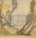 
	
		Sir Frank Brangwyn RA RWS RBA, 
		British 1867-1956- 
		
		View through trees of...