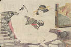
	
		Hokusai School, Japanese c.1820s, seven shunga prints depicting various amorous couples,...
