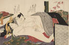 
	
		Hokusai School, Japanese c.1820s, seven shunga prints depicting various amorous couples,...