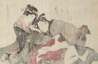 
	
		Hokusai School, Japanese c.1820s, seven shunga prints depicting various amorous couples,...