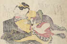 
	
		Hokusai School, Japanese c.1820s, seven shunga prints depicting various amorous couples,...