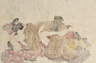 
	
		Hokusai School, Japanese c.1820s, seven shunga prints depicting various amorous couples,...