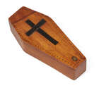 
	
		A miniature satinwood coffin-shape needle box, 19th century, the sliding top with cross...