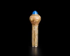A green hardstone and gold inlaid walking stick handle, Possibly India and for the export...