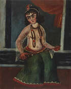 
	
		A Qajar oil painting of a young female musician, Iran, late 19th century, depicted...
