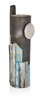 
	
		Designer unknown, 
		 
		Studio pottery tall cylindrical vessel with applied disc,...