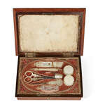 
	
		A French satinwood and cut-steel sewing necessaire, 19th century, of sarcophagus and ogee...