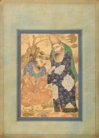 Two detached album folios : A seated portrait of a ruler and two learned men in a garden, 20th...
