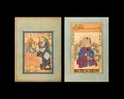 Two detached album folios : A seated portrait of a ruler and two learned men in a garden, 20th...