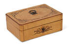 
	
		An inlaid sycamore oblong box, 19th century, with white metal ring handle and feet, 19cm...