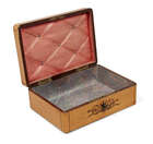 
	
		An inlaid sycamore oblong box, 19th century, with white metal ring handle and feet, 19cm...