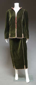 
	
		An Anna Belinda forest green velvet suit, the tunic jacket with pale green and pink silk...