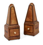 
	
		An unusual pair of George III small satinwood obelisk spice boxes, Compasto and Fuimus,...