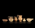 Six ancient pottery vessels, circa 7th-2nd Century B.C., including a fragmentary Corinthian...