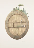 Bengt Bockman, Swedish, 1937-2014
A wine glass with landscape inside, a wine barrel, a wine...