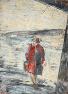 Emrys Williams, British b.1958 - Woman by a Shelter, 1987; oil on canvas, 103.4 x 75.3 cm (ARR) 