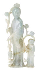 
	
		A Chinese jadeite figure of a woman and child, early 20th century, carved standing, each...