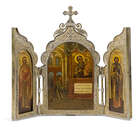 A Russian silver-gilt travelling triptych icon, by Ivan Khlebnikov, Moscow, 1899-1908, assay...