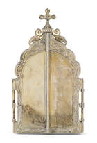 A Russian silver-gilt travelling triptych icon, by Ivan Khlebnikov, Moscow, 1899-1908, assay...