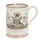 
	
		A Masonic Sunderland lustreware frog mug, c. 1830, of cylindrical form, with applied loop...
