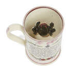 
	
		A Masonic Sunderland lustreware frog mug, c. 1830, of cylindrical form, with applied loop...