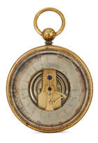 
	
		An English brass pocket aneroid barometer, late 19th century, with open-centred register...