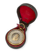
	
		An English brass pocket aneroid barometer, late 19th century, with open-centred register...