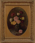 
	
		Camille Matisse, 
		French, late 19th century - 
		 
		Pink, red and white roses in a...