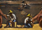 
	
		Josef Herman RA, 
		British 1911-2000-
		
		Mending the Sails; 
		
		oil on canvas,...