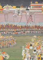 
	
		The Mughal Emperor Aurangzeb at the siege of Golconda Fort, 1687, circa 1720, opaque...