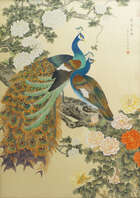 
	
		A large Japanese embroidered picture of two peacock on a pine branch, late 19th/early 20