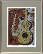 British School, 20th Century- Saxophone and Guitar; linocut in colours on wove, image: 29.5...