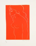 Ota Janeček, Czech, 1919-1996, Red and black Nude, linocut in colour on canvas, signed,...