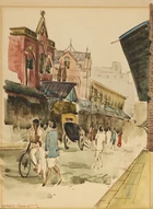 Calcutta school, 20th centuryTwo Calcutta scenes,
watercolour on paper, signed in Bengali...