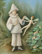 Ronald Ferns, British 1925–1997 - Pierrot and fairies; oil on board, 24.5 x 19.5 cm (ARR) 