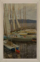 Victor Dmitryevsky, 
Russian 1923-2006- 
Moored boats, 1948; 
oil on canvas, signed and dated lower...