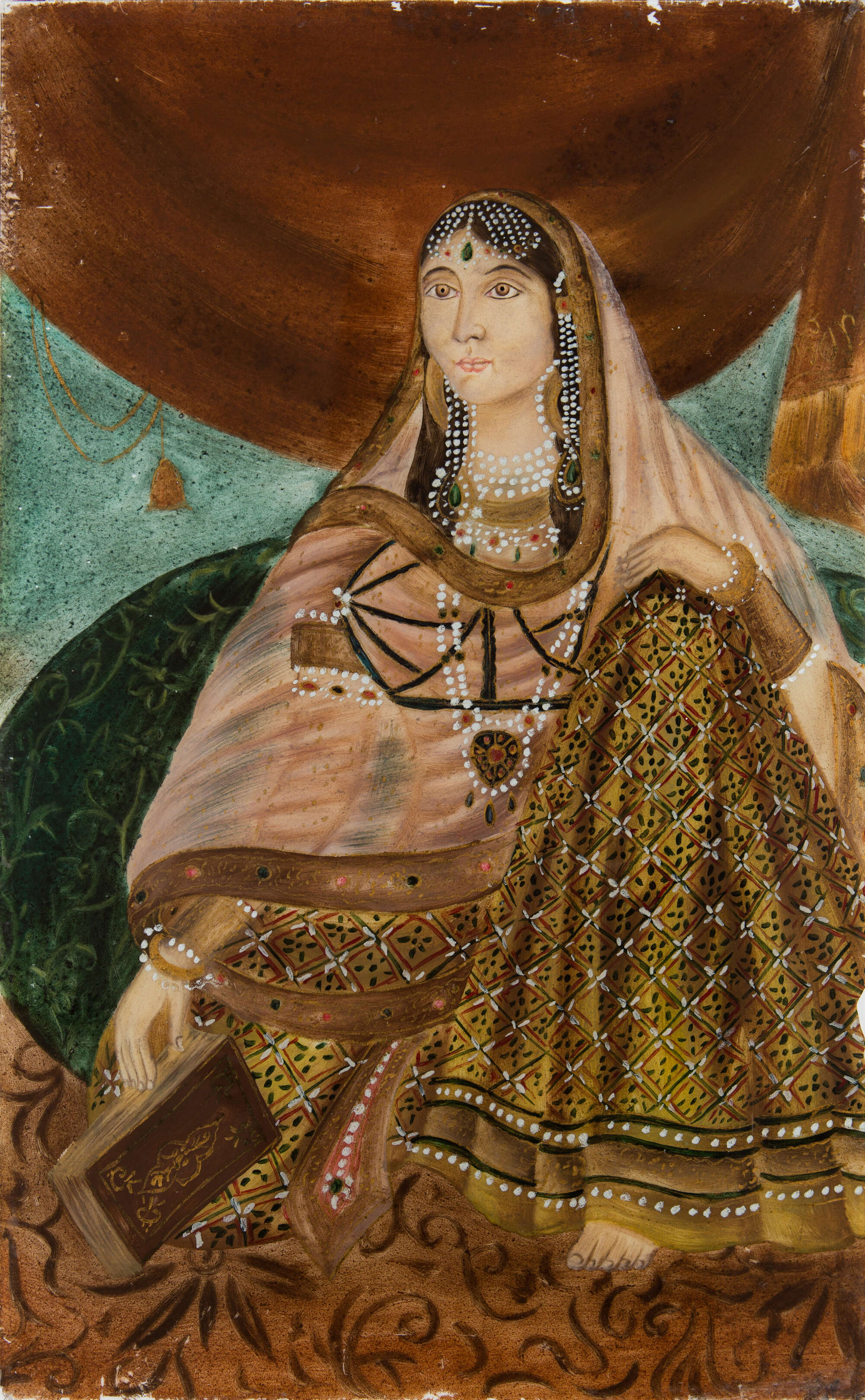 Roseberys London | A reverse glass painting of a seated lady