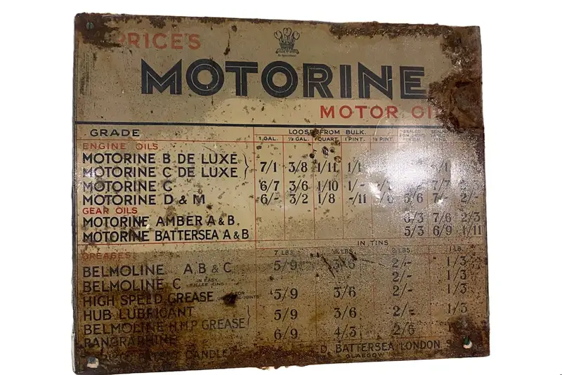 Price's 'Motorline Motor Oil' Price Chart Enamel Sign-Sold